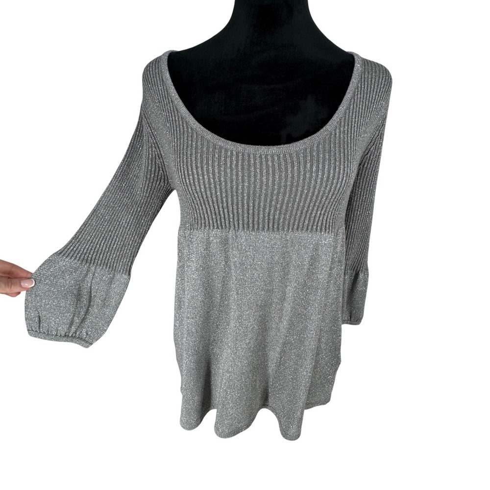 BCX Y2K Babydoll Scoop Neck Top Bishop Sleeve Ribbed Tunic Sweater Medium Silver